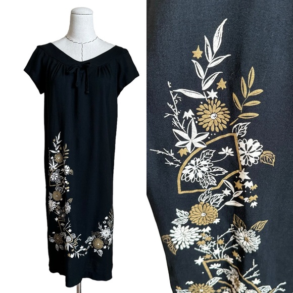 Vintage 60s 70s Black Gold Reef Hawaiian Tiki Floral Dress VLV - Picture 1 of 12